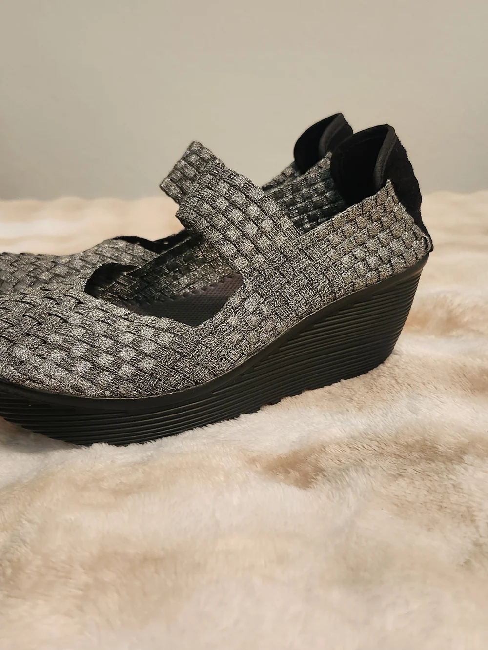 Woven Mary Jane Wedge Shoe in Gray Silver and Black